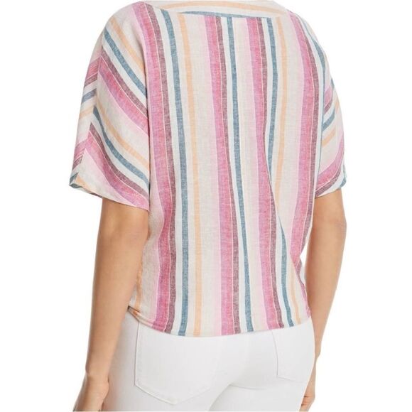 Beachlunchlounge Striped Linen Blend Button Tie Front Relaxed Fit Top - Picture 3 of 7